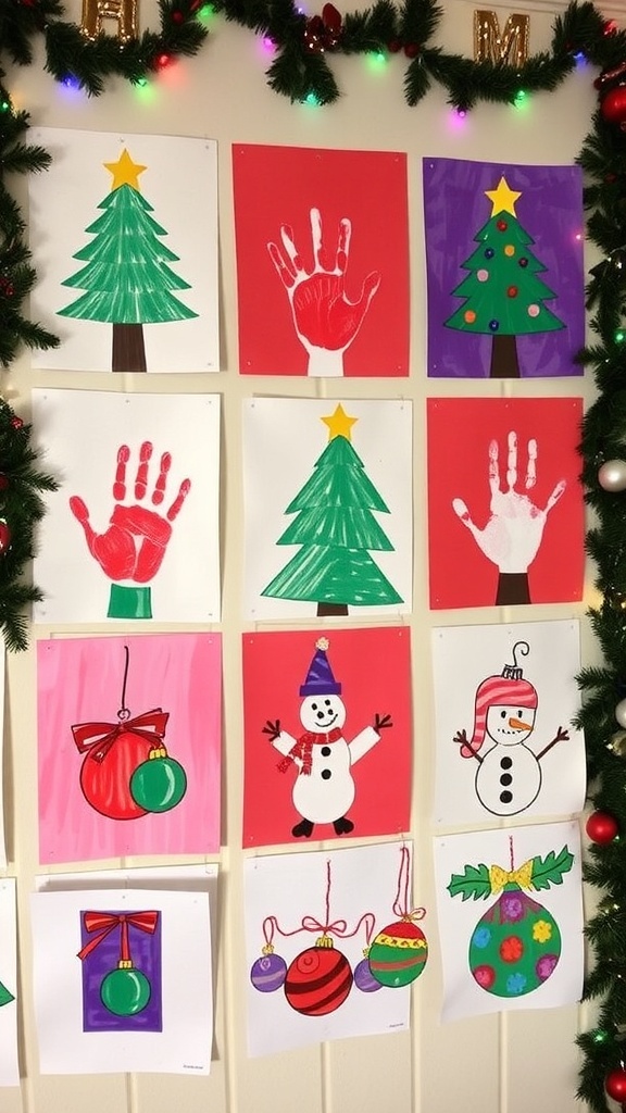 A collection of toddler-made Christmas paintings, including handprint trees and snowmen, displayed festively.